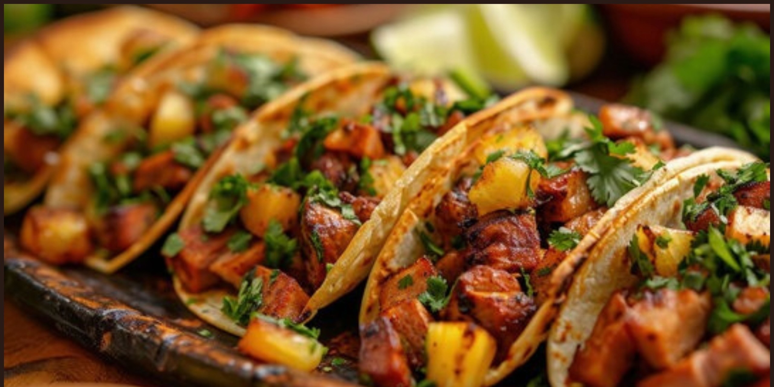 Close-up of street tacos topped with cilantro, pineapple, and seasoned meat